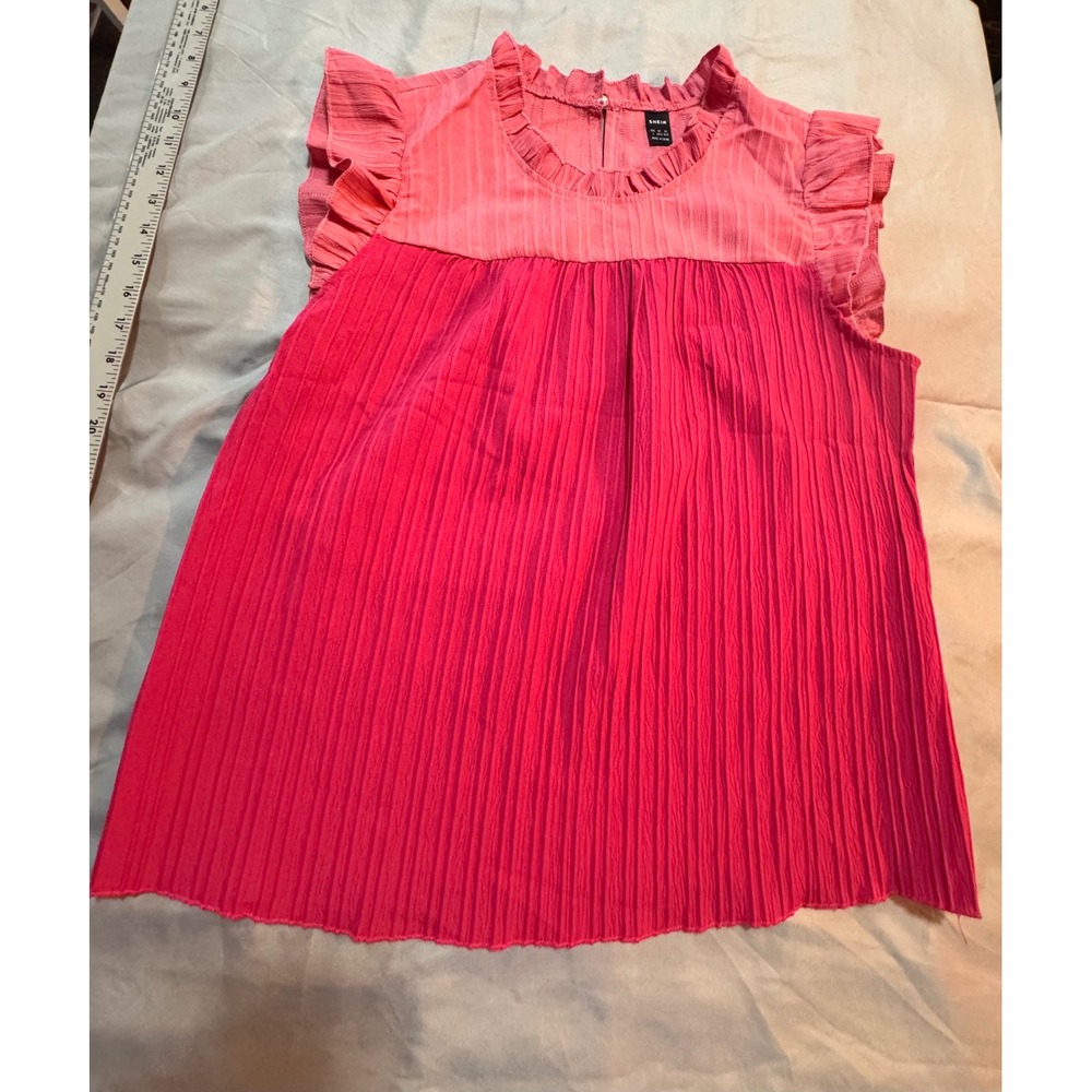 Shein Womens Pink Plisse Ruffle Neck Sleeveless Babydoll Blouse Top Large